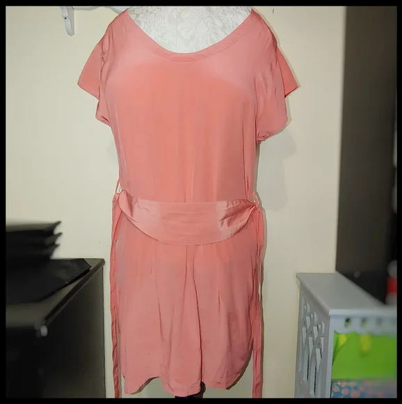 Silk Salmon Colored Belted Tunic, M - Picture 2 of 6